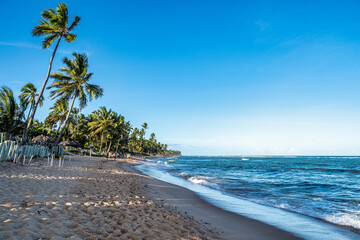 White sand beach, clear water and palm trees in Praia do Forte at Bahia, Brazil.