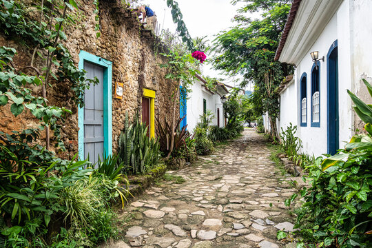 Fire street, Rua do Fogo at Paraty, Brazil with colonial houses and streets