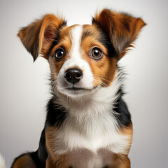 A curious Jack Russell puppy (Canis lupus familiaris) standing on its hind legs, looking attentively.