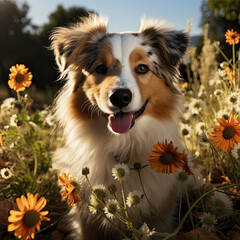 A cheerful puppy (Canis lupus familiaris) surrounded by blooming sunflowers in a picturesque garden in Tuscany.
