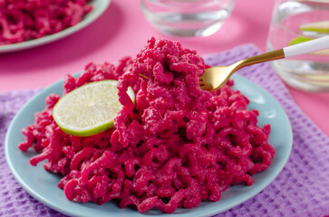 Beetroot Pasta, Barbie Themed Pasta, Trendy Recipe on Pink Background
