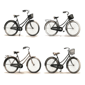 Set of vintage bicycles on transparent background