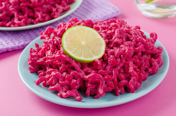 Obraz premium Beetroot Pasta, Barbie Themed Pasta, Trendy Recipe on Pink Background