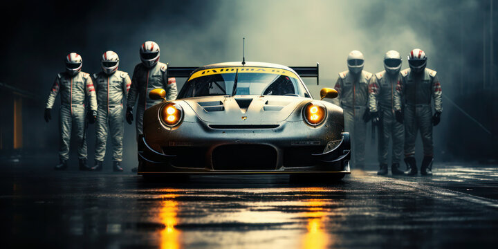 During a pitstop in a car race, a professional pit crew is prepared for action as their team's race car enters the pit lane, demonstrating the pinnacle of collaboration. 