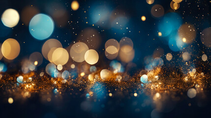 Fototapeta na wymiar Abstract dark blue and gold particle background. Christmas golden light shed bokeh particles over a background of navy blue. Gold foil appearance. holiday idea.