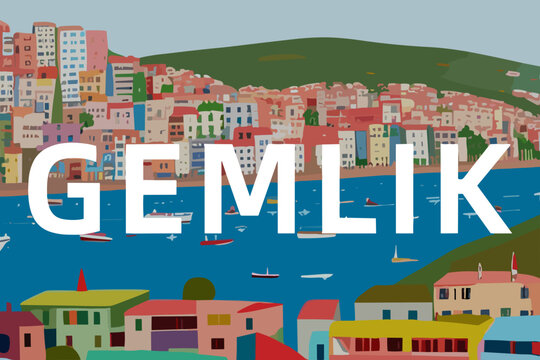 Gemlik: Modern illustration of a Turkish scene with the name Gemlik in Bursa