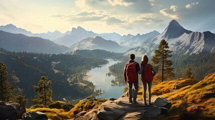 Fototapeta premium couple on top of a mountain looking at an alpine lake