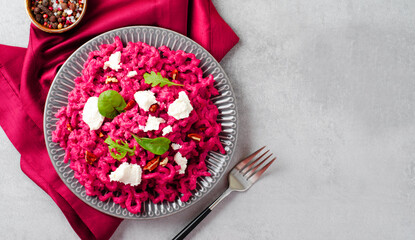 Naklejka premium Pasta with Beet Sauce, Vegetarian Beetroot Pasta, Pink Pesto, Tasty Healthy Meal