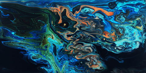 Chaotic blue and orange waves. Abstract hand painted acrylic texture. Fluid art.