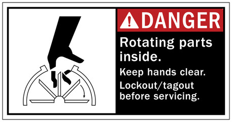 Rotating equipment hazard sign and labels rotating parts inside, keep hands clear