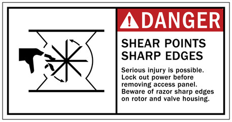 Rotating equipment hazard sign and labels shear points sharp edges