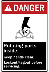 Rotating equipment hazard sign and labels rotating parts inside. Keep hands clear