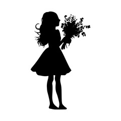 Vector illustration. Silhouette of a girl with a bouquet of flowers in her hands.