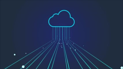 Uploading, files, information to cloud. Network, technology animation concept with lines, cloud, data particles.