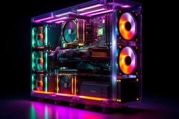 An atmospheric shot of a cryptocurrency mining rig illuminated by vibrant neon lights, visible AI modules emphasize the role of artificial intelligence in crypto mining.