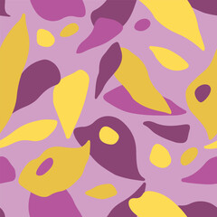 Abstract purple, burgundy and yellow organic shape seamless pattern.