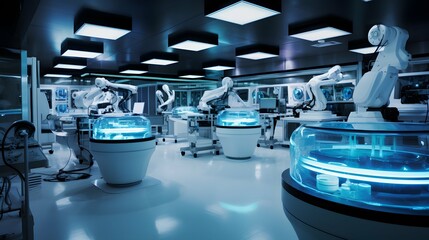 Advanced robotics lab with AI-powered robots being assembled and tested, fluorescent lighting, emphasizing the sleek, modern environment. Generative AI