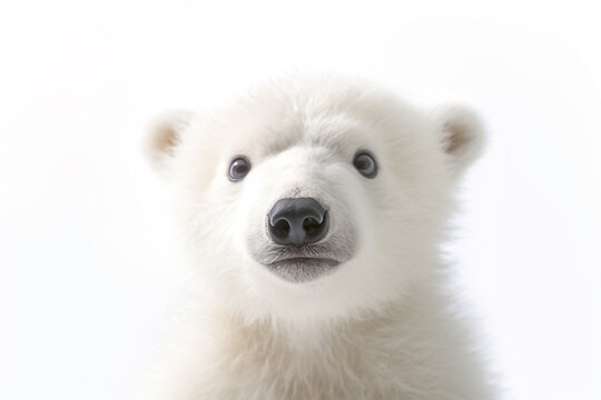 Studio-lit with precision, a baby polar bear captures hearts as it poses on a white background. Generative AI.