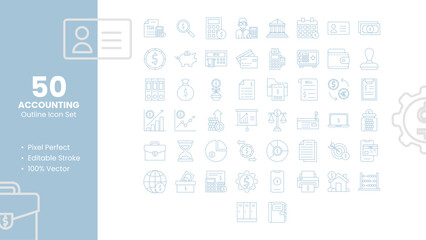 Set of 50 line icons related to Accounting. Pixel Perfect Icon. Outline icon collection. Editable stroke. Vector illustration.