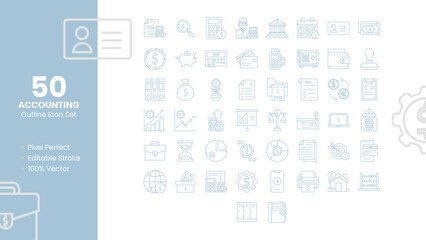 Fototapeta na wymiar Set of 50 line icons related to Accounting. Pixel Perfect Icon. Outline icon collection. Editable stroke. Vector illustration.