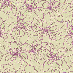 Obraz premium Purple Iris flowers outline seamless pattern on green background.