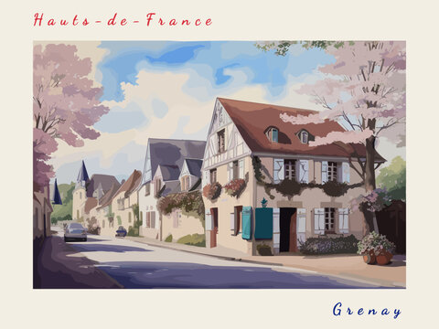 Grenay: Retro tourism poster with a French landscape and the headline Grenay / Hauts-de-France