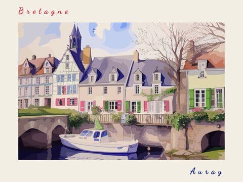 Auray: Retro tourism poster with a French landscape and the headline Auray / Bretagne