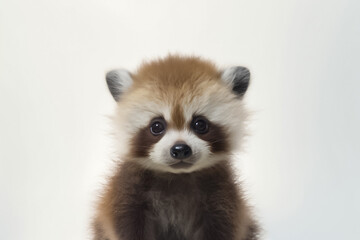 The innocence of a baby Japanese Tanuki bear is accentuated in a studio photograph, set against a clean white background. Generative AI.