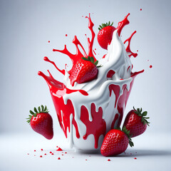 milk or yogurt splash with strawberries isol Generative AI