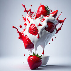 milk or yogurt splash with strawberries isol Generative AI