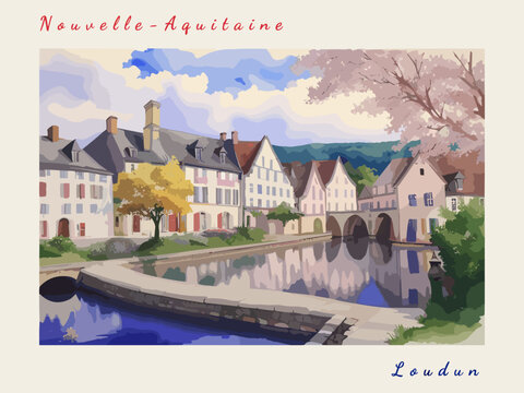 Loudun: Retro tourism poster with a French landscape and the headline Loudun / Nouvelle-Aquitaine