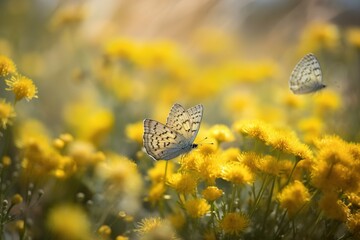 Spring summer shot of yellow flowers and butterflies in meadow . Generative Ai