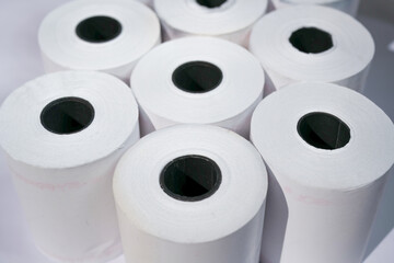 Rolls of white labels isolated. Labels for direct thermal or thermal transfer printing. Blank sticky label roll for thermal transfer printing pirce criss.	.thermal label roll of paper