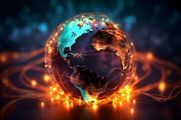 A creative image featuring a globe surrounded by brightly glowing fiber optic cables, symbolizing global connectivity and the digital age.