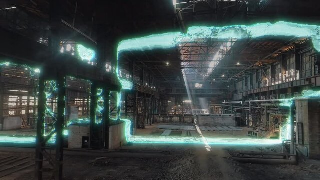 Visualization of modern technologies in the factory workshop. Inside the metallurgical shop. The concept of a large custom workshop at the factory.
