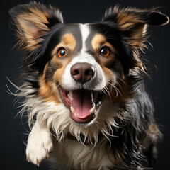 A Border Collie puppy (Canis lupus familiaris) jumping in mid-air with a tricolor coat, full of energy and enthusiasm.