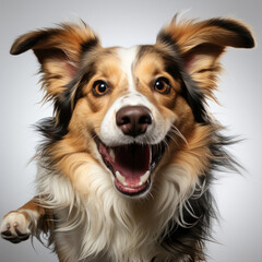 A Border Collie puppy (Canis lupus familiaris) jumping in mid-air with a tricolor coat, full of energy and enthusiasm.