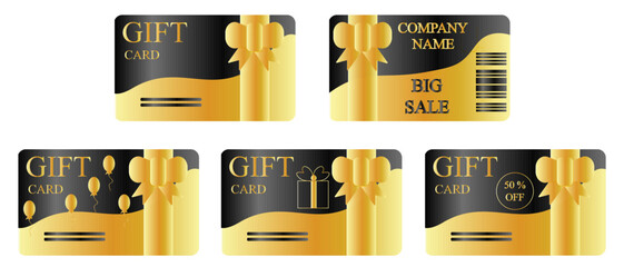 Set of 3d Discount Gift Card isolated on white background. Template of style black Loyalty voucher with golden ribbon. Vector illustration. Sale element with a bow. Advertising symbol.