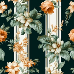 Seamless pattern with flowers, classic country cottage style floral and stripes print for wallpaper, fabric and product design, generative ai