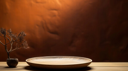 Bowl or podium on a wooden table against a background of dark brown, with a shadow of a branch on the wall. mockup for presentation, health care, and product branding