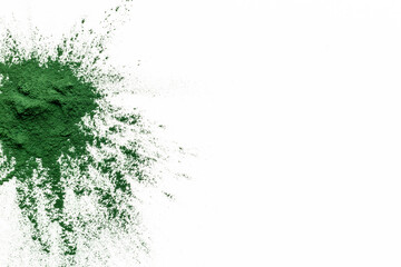 Splash of spirulina algae powder on white background, top view