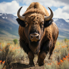 A majestic bison (Bison bison) roaming the grassland with an imposing presence. Taken with a professional camera and lens.