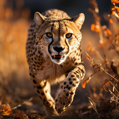 A graceful cheetah (Acinonyx jubatus) sprinting across the open grassland with incredible speed. Taken with a professional camera and lens.