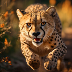 A graceful cheetah (Acinonyx jubatus) sprinting across the open grassland with incredible speed. Taken with a professional camera and lens.