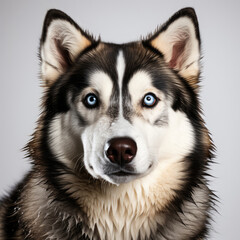 Obraz premium A striking Siberian Husky (Canis lupus familiaris) with dichromatic eyes.