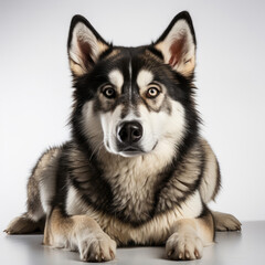 A Siberian Husky (Canis lupus familiaris) with dichromatic eyes in a staring pose.