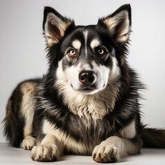 A Siberian Husky (Canis lupus familiaris) with dichromatic eyes in a staring pose.