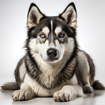 A Siberian Husky (Canis lupus familiaris) with dichromatic eyes in a staring pose.