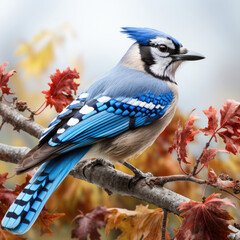 A stunning blue jay perched on a tree branch, with its striking blue feathers and crest.