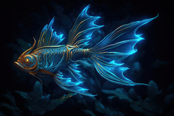 mechanical blue fish robot glowing underwater